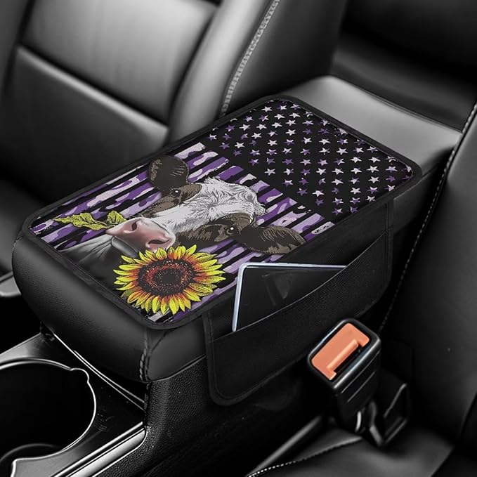 Cow Sunflower Flag Pattern Car Armrest Cover Soft Middle Console Cover Washable Automobile Center Console Pad Armrest Seat Box Cover Protector with Pockets Storage Bag