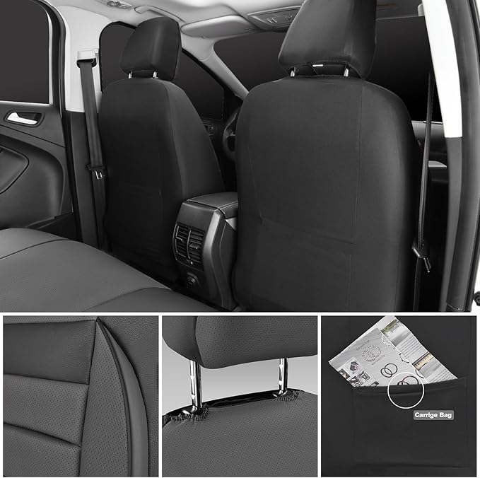 CAR PASS Leather Car Seat Covers Front Seats Only, Universal Fit Automotive Interior Waterproof 3D Foam Back Support Car Seat Covers for Trucks Vans and SUVs Airbag compatible 2 Pieces black gray grey