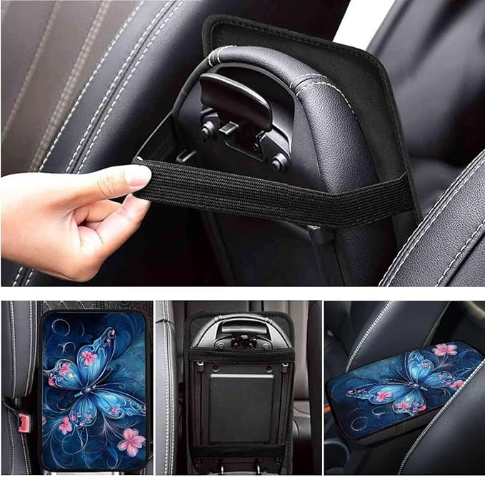 Blue Butterfly Print 6pcs Car Steering Wheel Cover Set Flower Cup Coaster Handbrake Gear Cover Armreat Cushion Car Interior Decor Protector Fit for SUV Truck Sedan