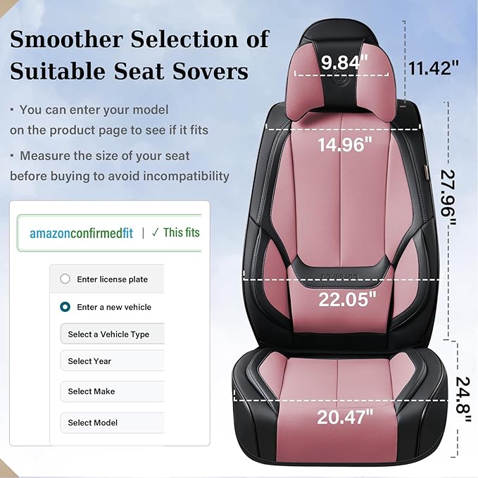Coverado Universal Seat Covers Full Set, 5 Seats Universal Seat Covers for Cars, Waterproof Nappa Leather Car Seat Covers with Head Pillow, Auto Protectors Fit for Most Pick-up Truck, Black&Pink