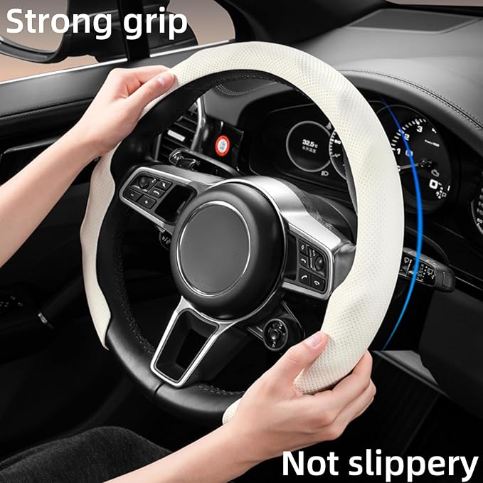 Universal 15 Inch Premium Nappa Leather Steering Wheel Cover - Non-Slip, Soft Comfortable Grip, Easy Install for Most Cars (Orange)