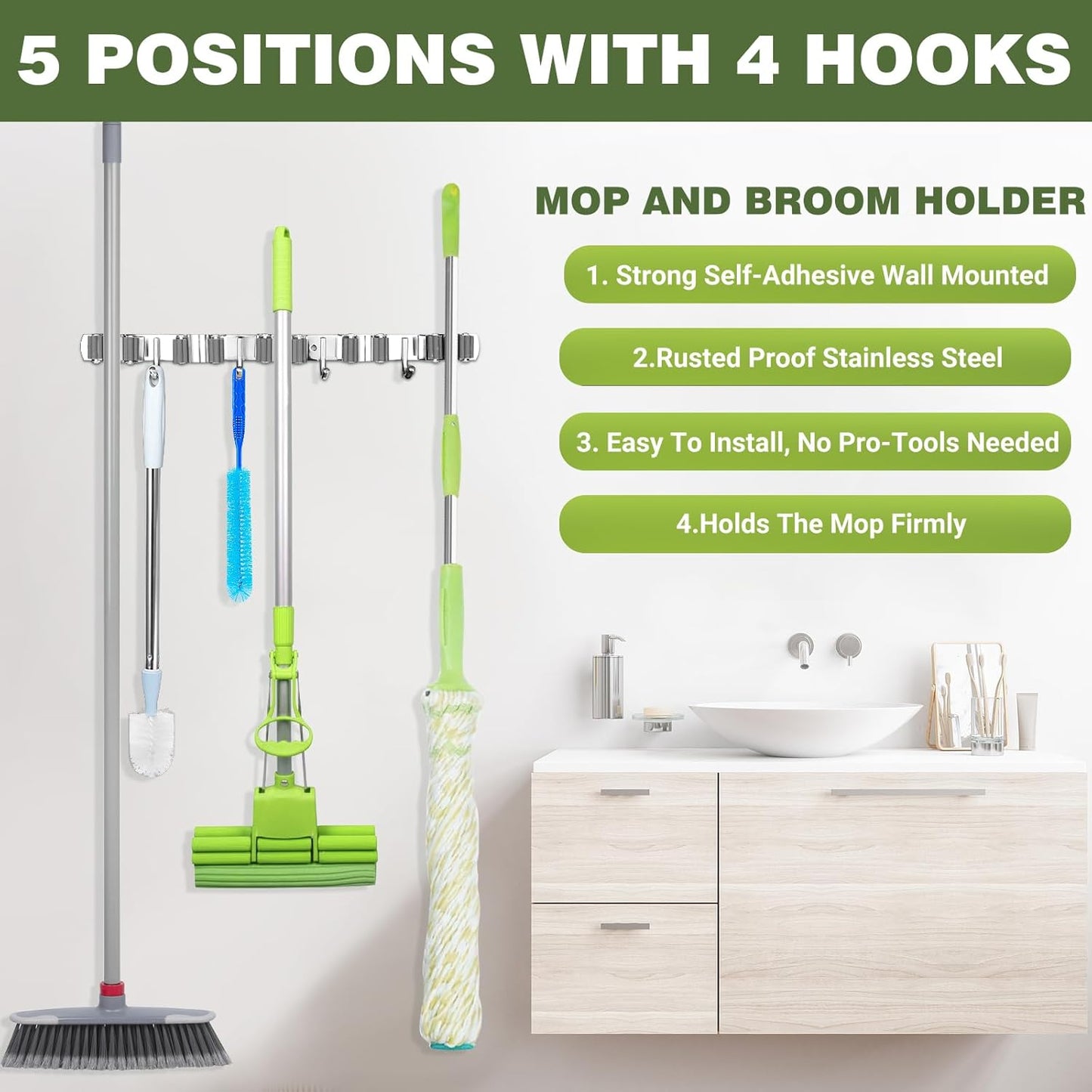 Broom Holder Wall Mount, Broom Organizer Wall Mount Stainless Steel Broom and Mop Hanger Heavy Duty Storage Organization for Home Kitchen Garden Garage Room 5 Racks 4 Hooks (1Pack)(Grey Racks)