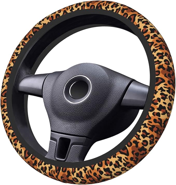 Leopard Print Steering Wheel Cover Women Men Elastic Stretch Soft Car Wheel Protector Universal Breathable No-Slip Car Accessories for Truck Van SUV Auto Fit 14-15 Inches