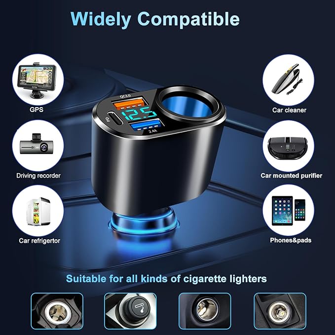 USB C Car Charger, 90W Cigarette Lighter Adapter Dual USB Fast Charging PD QC 3.0, 12V/24V Car Charger Socket Splitter with LED Voltmeter for Smart Phone GPS Dash Cam