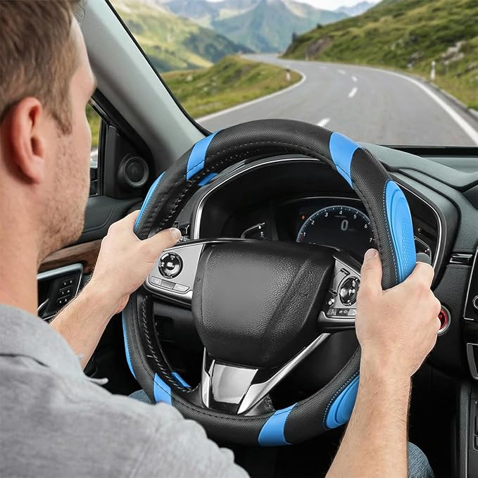 Car Steering Wheel Cover, Breathable Soft Leather Vehicle Wheel Cover Protector for Men Women, Non-Slip Automotive Interior Protection Accessories, Universal for Most Vehicles (Black/Blue)