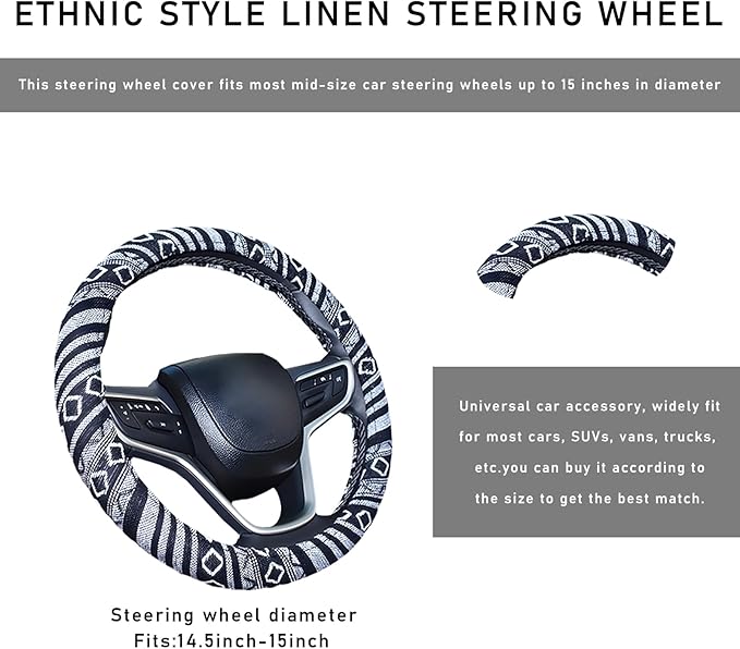Boho Steering Wheel Cover, 15.0"×15.0" Anti-Slip Baja Blanket Ethnic Steering Wheel Protector, Breathable Flax Cloth Elastic Bohemian Steering Wheel Cover, Car Accessories (Style E)