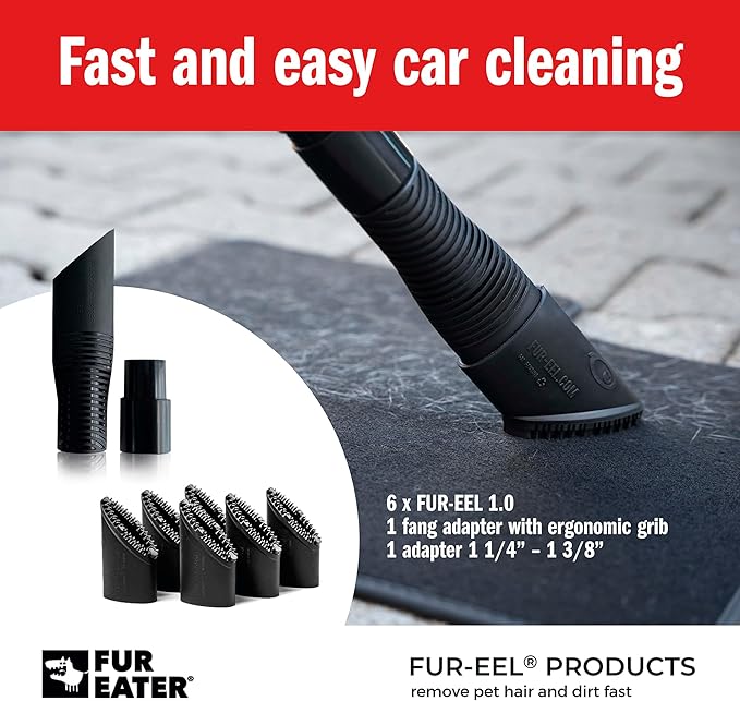 Pet Hair Removal Vacuum Attachment V1.0 for Car Detailing with 6 Replaceable Rubber Brush Heads, No Clog Airflow, Fits 1 1/4 and 1 3/8 in Hoses, 32mm 35mm