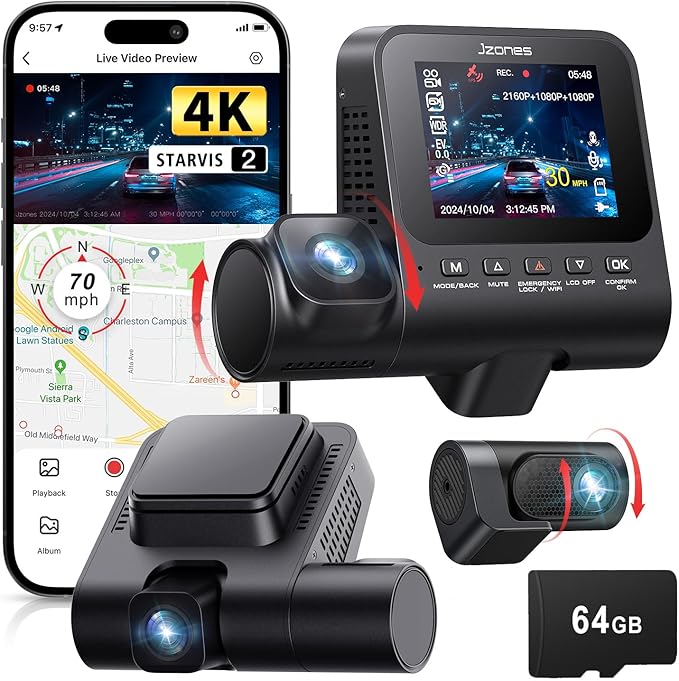 Jzones 4K 3-Channel Dash Cam Front and Rear with Cabin, STARVIS 2 Sensor, Dash Camera for Cars with WiFi 6, G-Sensor, Loop Recording, Night Vision, 24H Parking Mode, 64GB Card Included