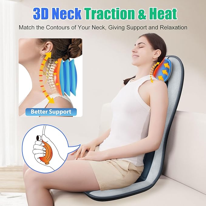 Vibration Back Massager with Heat for Chair, Massage Pad with Neck Support, Short Plush Cover, Seat Cushion for Seniors, Office Workers & Family,Fatigue & Pain Relief in Office,Home & Travel