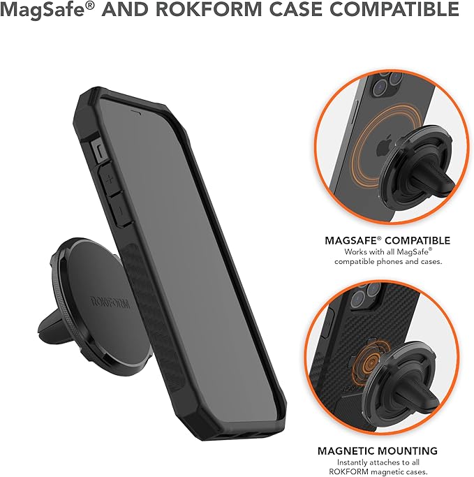 ROKFORM - Double Magnetic Air Vent Holder, Super Grip Clip, Aluminium Car Holder, Compatible with MagSafe Phones and Cases and All Cases (Black)