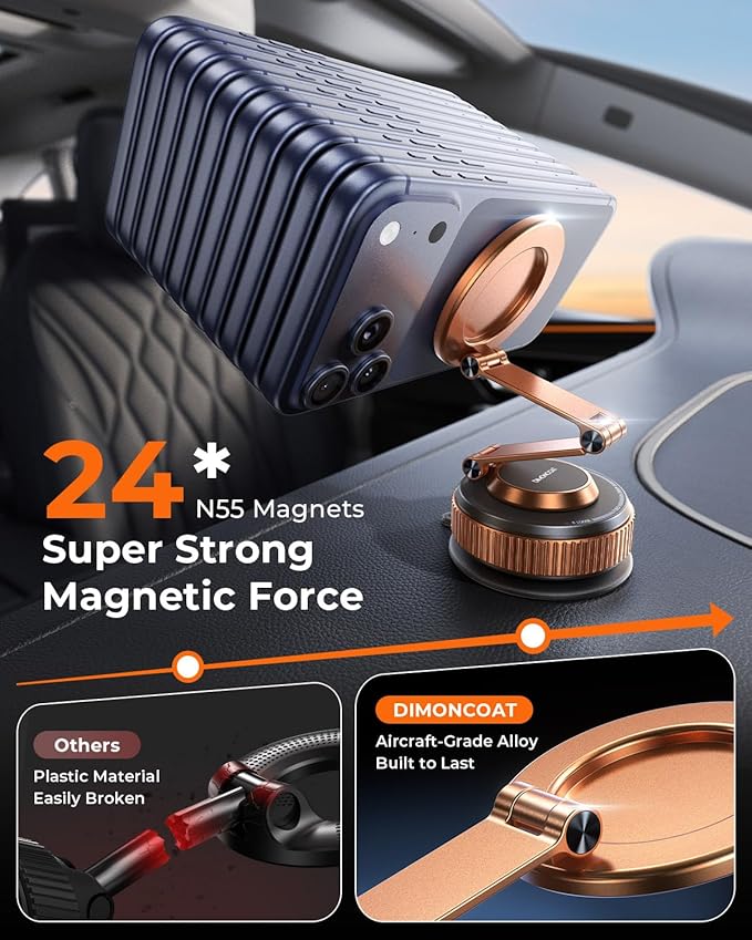 2026 Upgraded 360°Rotation Nano Gel Suction Phone Holder, Foldable Metal Vacuum Magnetic Phone Holder [119+LBS Strongest Suction & Magnetic] Phone Mount for Your Car for iPhone 17 16 Pro Max-Golden