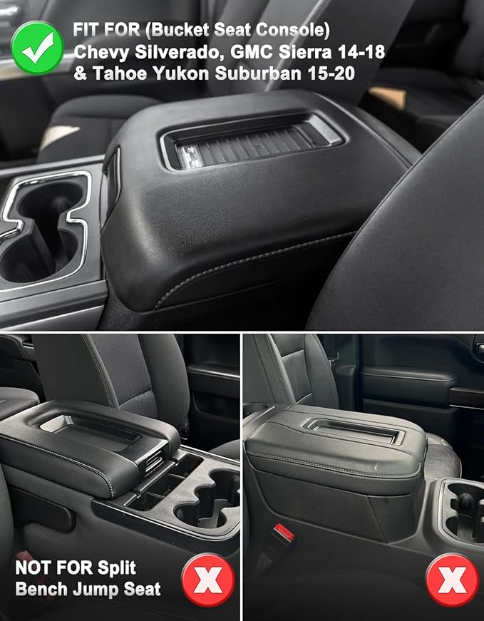KBH Center Console Armrest Cover for Chevy Silverado & GMC Sierra 1500 2500 3500 2014-2018, Tahoe Suburban Yukon 2015-2020, Bucket Seat Console, Anti-Scratch, Black-Blue Double Stitch