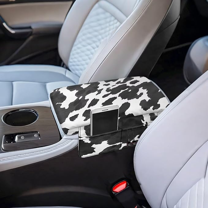 Wanyint Black White Cow Print Auto Center Console Pad Soft Armrest Box Mat Protector Non-Slip Middle Console Cover with Pockets Storage Bag Hand Rest Pillow Automobile Decor Accessories