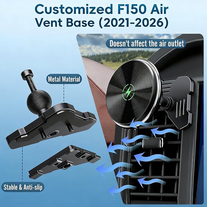 Car Vent Wireless Charger Magnetic Phone Mount Compatible with 2021-2026 Ford F-150, 2023-2026 Super Duty F250/F350/F450, Metal Phone Holder Cradles Bracket Stand for All Smartphones (No Socket Arm)