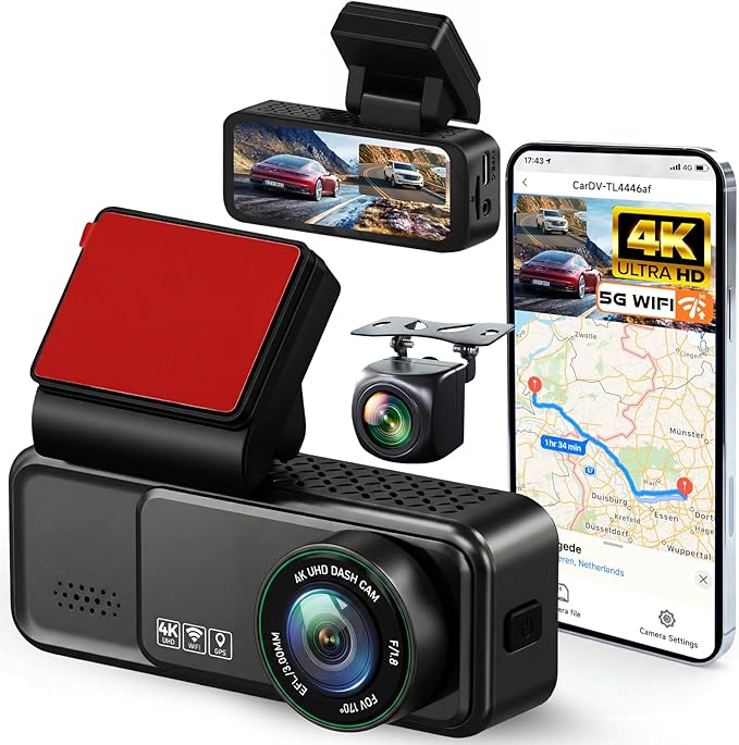 4K+2K Dash Cam Front and Rear, Dual Band WiFi, Dash Camera for Cars, with 5.8GHz WiFi, GPS Tarcking, Dash Camera with Night Vision, G Sensor, Loop Recording, Support ADAS BSD LCA