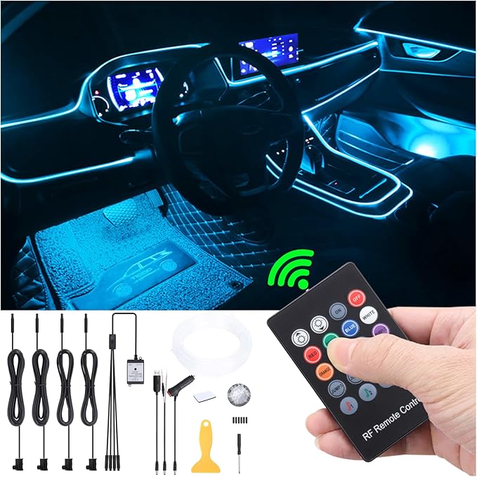 Car Atmosphere Light Kit 4m Fiber Optic RGB Multicolor Sound Active Music Sync Memory Function RF Remote Controller USB Car Interior Ambient Lighting Kit DC 12V