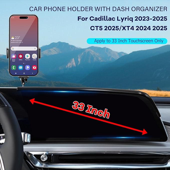 Car Phone Holder Fit for Cadillac Lyriq 2023-2025/CT5 2025/XT4 2024 2025 with Dashboard Organizer 33-inch Screen Phone Mount Fit for Cadillac Accessaries Phone Holders Fixed Clip 360°Rotation