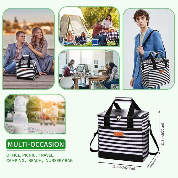 Iknoe Large Cooler Bag Collapsible 24 Can Insulated Bags Leakproof Lunch Cooler Tote with Multi-Pockets for Adult Insulated Thermal Bag for Beach, Picnic, Office Work(Stripe)