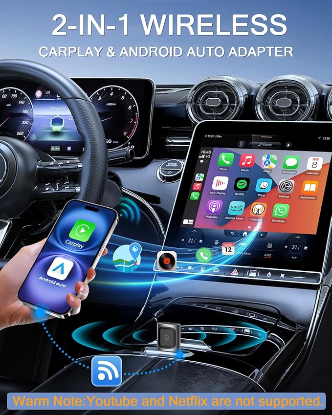 AuroraLink JC015 Wireless CarPlay & Android Auto Adapter - 2-in-1 Plug and Play Mini Dongle, Stable & No Delay Wireless USB Adapter for iPhone/Android Cars, with Dual-Band WiFi & Bluetooth 5.2