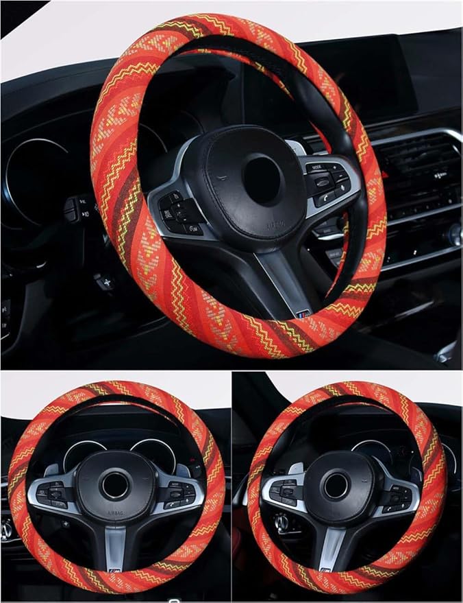 Ethnic Style Coarse Flax Cloth Automotive Steering Wheel Cover Anti Slip and Sweat Absorption Auto Car Wrap Cover (J, 14.5''-15'')