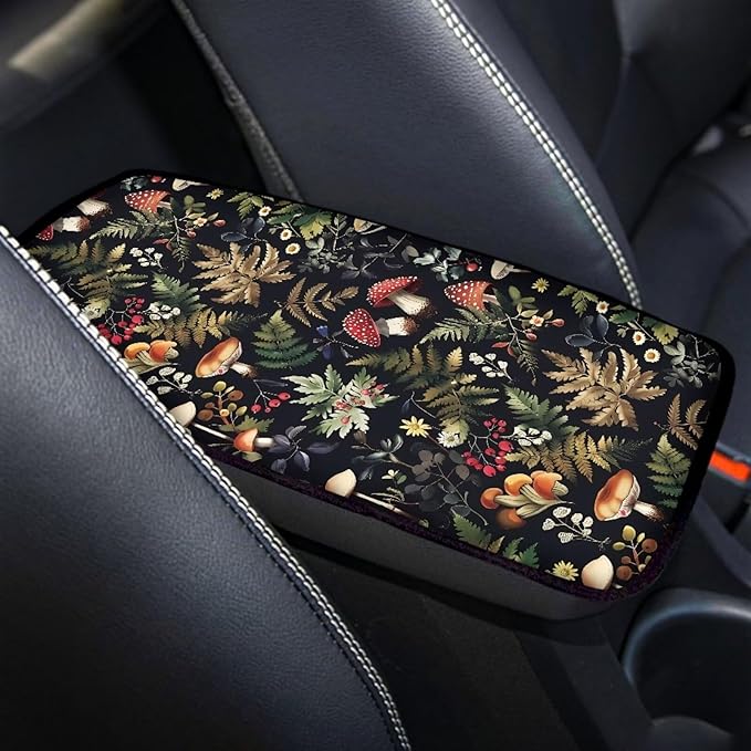 Dreaweet Car Armrest Cover Pad Black Center Console Cover Replacement for Car SUV Truck Sedan,Cute Mushroom Car Accessories for Women Girly