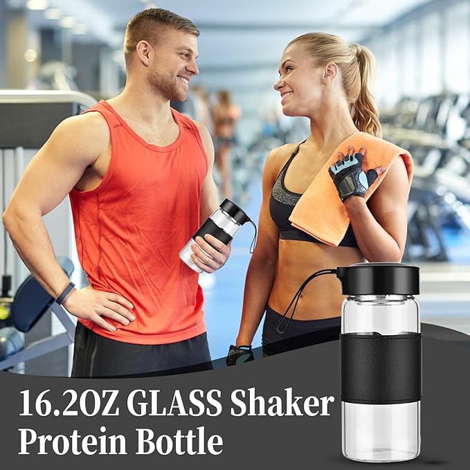 Small Glass Shaker Bottle, 2 Pack 16oz BPA Free Odorless Shaker Bottle with 304SS Mixing Ball and Removable Cleaning Brush for Fitness & Protein Shakes(Black-2Pack)