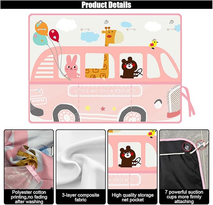 Car Window Shade for Baby, Blackout Car Window Curtain with Storage Pockets & 7 Suction Cups, Cartoon Pattern Cars Side Window Sun Shade Cover for Sun/Heat/UV Rays Protection (Pink-Giraffe)