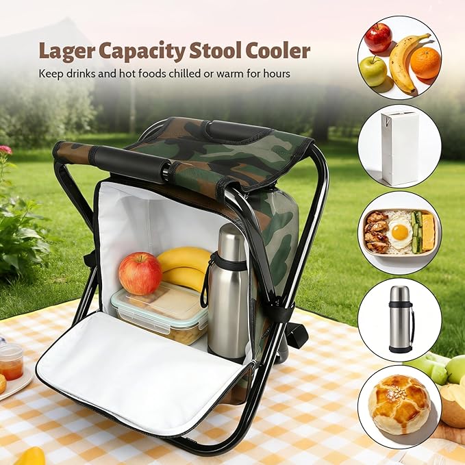 Folding Camping Chair Stool Backpack with Cooler Insulated Picnic Bag, Portable Hunting Fishing Multifunction Chair for Outdoors Hiking Hunting Travel (Camouflage)