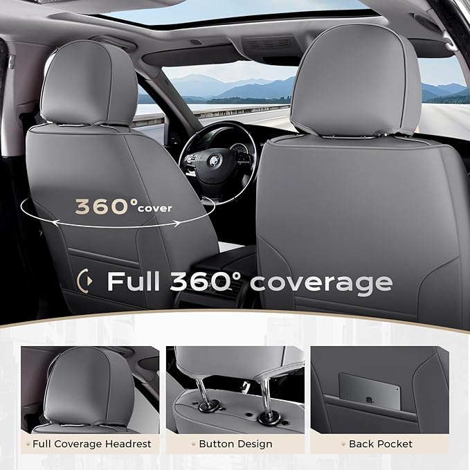Coverado Seat Covers, Car Seat Covers Front Seats, Car Seat Cover, Car Seat Protector Waterproof, Seat Cushion Nappa Leather with Head Pillow, Carseat Cover Universal Fit for Most Cars (Gray&White)