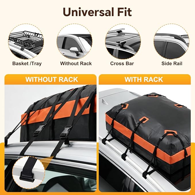 NEWBULIG Car Rooftop Cargo Carrier Bag, 15 Cubic Feet Duty Waterproof Bag for All Vehicles with/Without Racks. Includes Anti-Slip Mat, Reinforced Straps, 6 Door Hooks, Storage Bag & Luggage Lock.