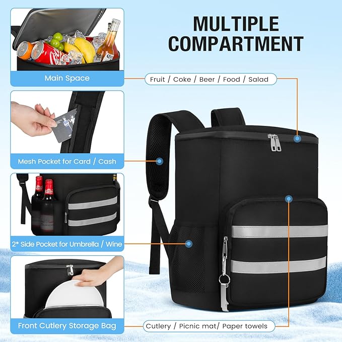 Cooler Backpack - 54 Cans Insulated Leak Proof Cooler Bag for Men & Women, Portable Picnic Camping Beach Hiking BBQ Lunch Backpack for Men and Women -Black