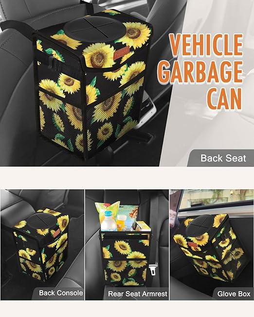 Pritent Car Trash Can with Lid, Cute Leakproof Car Trash Garbage Bag Hanging Vehicle Trash Bin Small Portable Automotive Garbage Cans Organizer for Back/Front Seat/Console(2.8 Gallons,Sunflower)