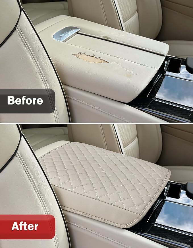 KBH Center Console Armrest Cushion Cover for Cadillac Escalade 2021 2022 2023 2024 2025 2026, Arm Rest Lid Protector, Vinyl Leather Trim, Anti-Scratch, Whisper Light Beige