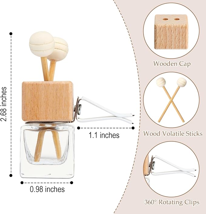 Zubebe 60 Pcs Car Diffuser Bottles Empty Bulk Vent Clip Car Air Freshener Diffuser for Essential Oil Perfume Glass Bottle with Wooden Caps Stick Fragrance Ornament (Clear)
