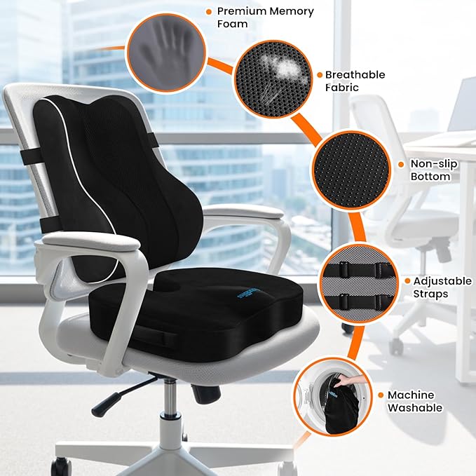 CloudBliss Ergonomic Lumbar Support Pillow Seat Cuhsion - Memory Foam for Lower Back Pain Relief, Adjustable Straps & Mesh Cover for Office, Gaming, Car Seat (Black)