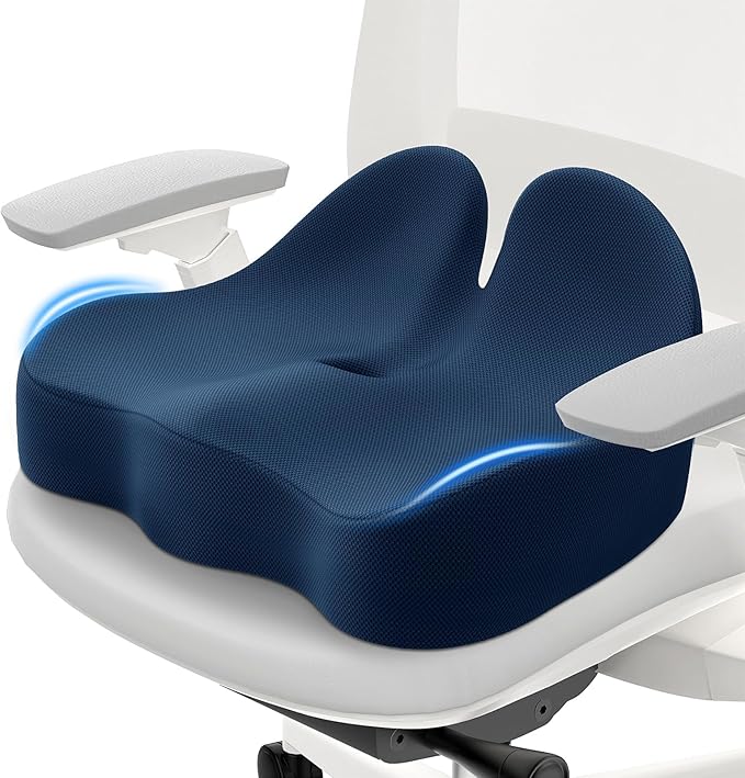 Seat Cushion, Memory Foam Office Chair Cushions, Ergonomic Curved Design for Sciatica, Tailbone, Coccyx, Seat Support for Car, Desk Chair, Wheelchair, Enhances Long Sitting Comfort (Blue)