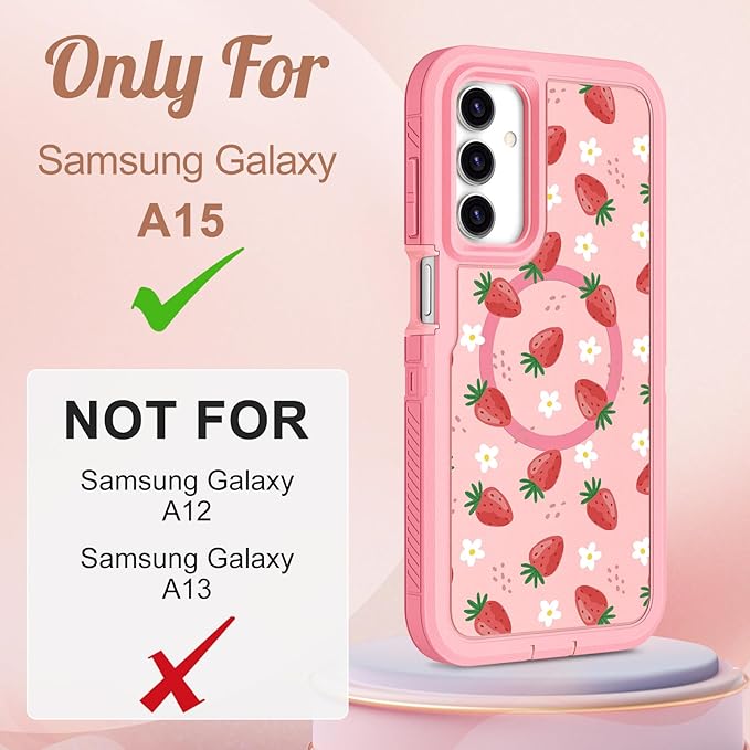 for Samsung Galaxy A15 5G Phone Case - Compatible with MagSafe Women Cute Girls Magnetic Protective Cover Strawberry Girly Kawaii Design Heavy Duty Shockproof for Samsung A15 5G Case 6.5"