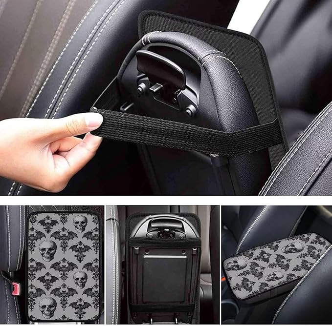 Dreaweet Gothic Car Center Console Cover Gray Bat and Skull Print Arm Rest Cover Halloween Car Accessories Interior Universal Middle Console Covers for SUV Sedan