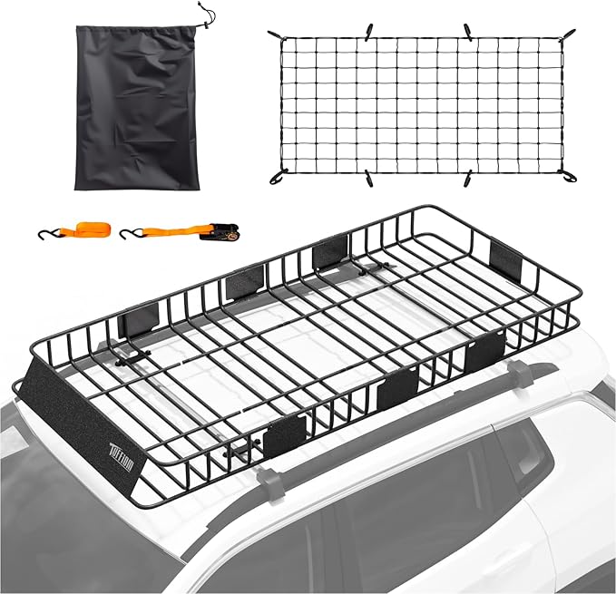 TUFFIOM 84"x 39"x 6" Rooftop Cargo Carrier, Universal Steel Roof Rack Basket w/Net+Storage Bag+Straps, Heavy Duty Extensionable Car Top Rack Luggage Holder Carrier Basket for SUV Car Truck Van