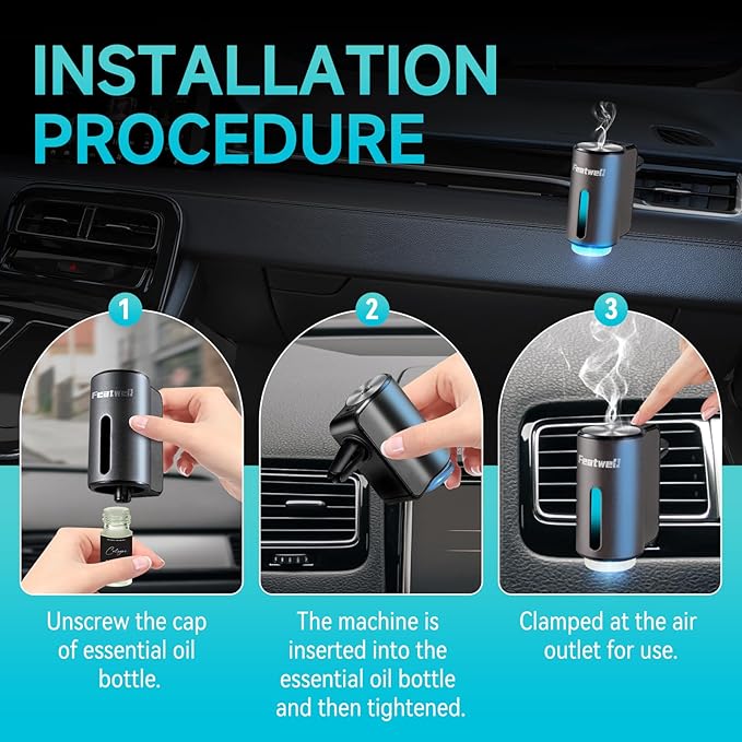 Featwell Car Air Freshener, Three Adjustable Modes Intelligent Aroma Diffuser, Rechargeable Car Diffuser Air Freshener, Grey