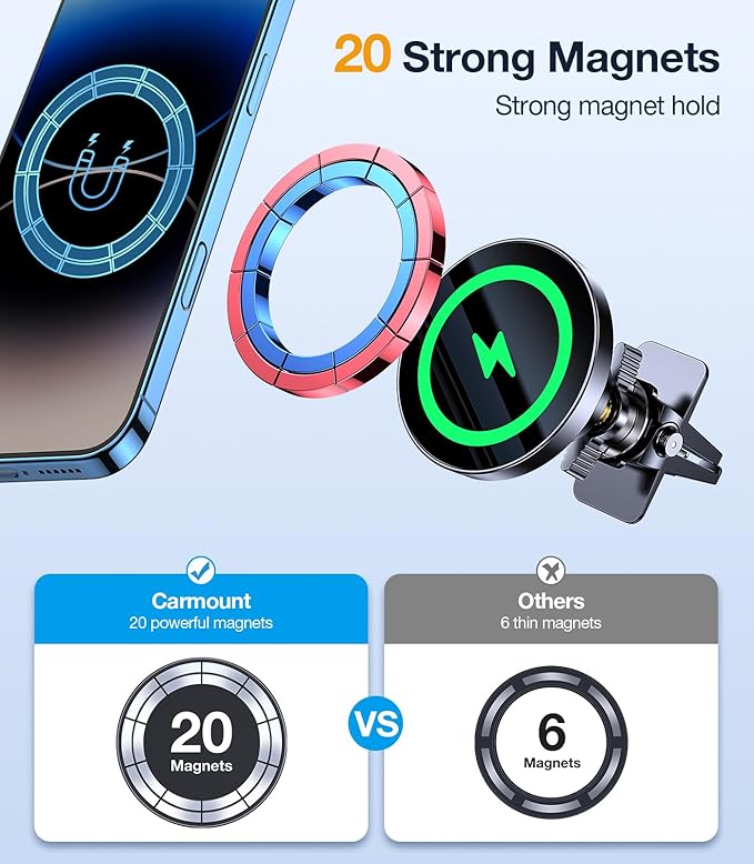 for MagSafe Car Mount Charger【20* N55 Magnet】 carmount 2.0 Magnietic Phone Holders for Your Car Air Vent Phone Mount for Car Vent Dashboard Wireless Car Charger for iPhone 17-12 Pro Max Magsafe Case