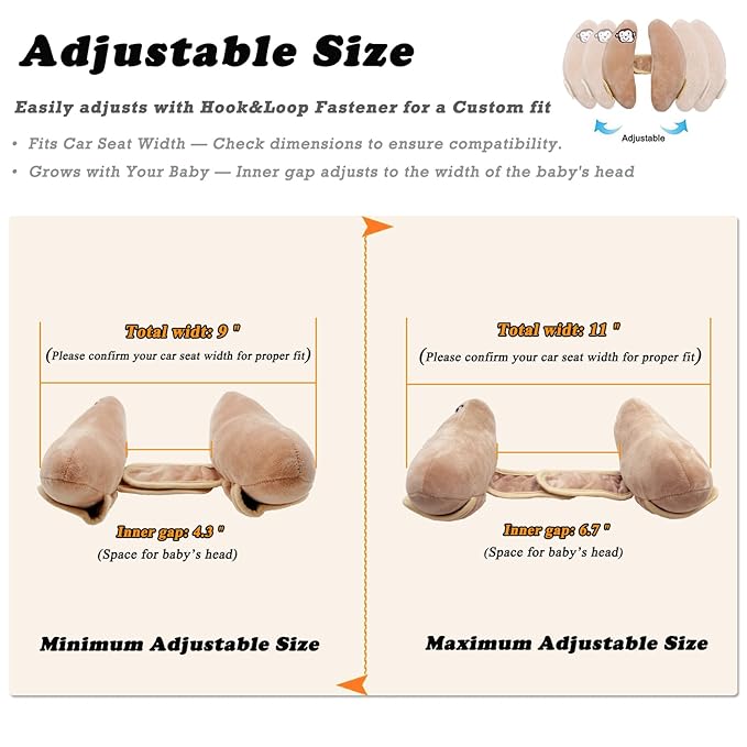 Adjustable Travel Pillow for Infant, Portable Baby Head Neck Support Pillow for Car Seat and Stroller, Banana Travel Headrest Pillow for Infant, Comfortble Toddler Neck Pillows for Pushchair, Brown