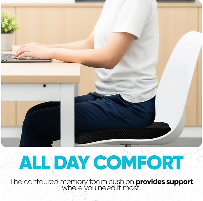 FORTEM Seat Cushion, Office Chair Cushion, Desk Chair Memory Foam, Sciatica Coccyx Tailbone Pain Relief, Pressure Relief, Sitting Pad, for Long Gaming & Sitting, Washable Cover, Non Slip