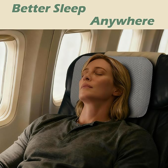 Cooling Camping Pillow, Memory Foam Travel Pillow with Adjustable Buckle Strap & Storage Bag, Compact Small Pillow for Airplane, Car Lumbar, Office, Washable Cooling Cover, Quarry Grey