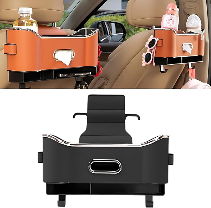 Multifunctional Car Seat Back Storage Box, Universal Car Seat Organizer, Car Seat Tissue Box and Organizer, Car Seat Paper Towel Organizer， Car Organizer with 2 Drink Cup Holders (Black)