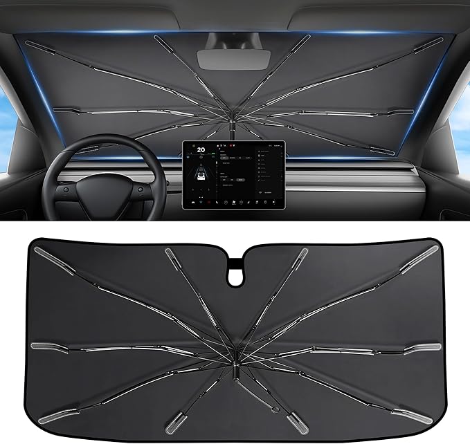 2026 Upgraded Windshield Sun Shade Umbrella [7-Layer Vinyl Coating Heat Shield] Foldable Front Window Sunshade Umbrella Flexible Handle Protect Interior from UV Keep Car Cooler (57" x 31")