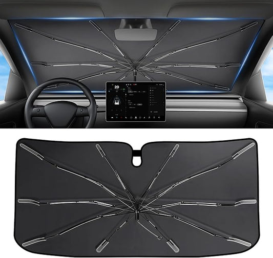 2026 Upgraded Windshield Sun Shade Umbrella [7-Layer Vinyl Coating Heat Shield] Foldable Front Window Sunshade Umbrella Flexible Handle Protect Interior from UV Keep Car Cooler (57" x 31")