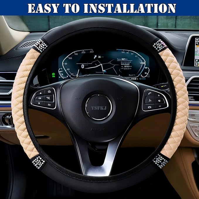 Soft Leather Car Steering Wheel Cover, Universal 15 Inch Colorful Rhinestones Anti-Slip Elastic Steering Wheel Covers for Most Cars, Sparkly Crystal Diamond for Women Girls (Beige)
