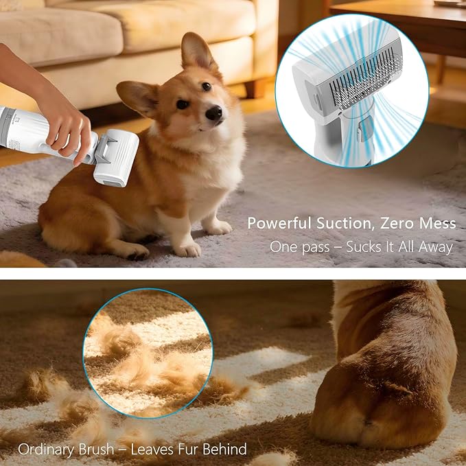 Deshedding Brush with Vacuum Suction, 5-in-1 Pet Hair Removal Tool for Dogs Cats, Cordless Undercoat Rake Removes Loose Hair, 9Kpa Pet Vacuum Cleaner for Furniture Carpet, Washable