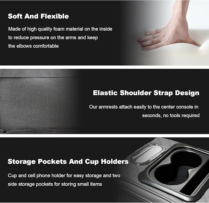 Car Center Console Armrest Pillow, Multifunctional Armrest Box Cover with Cup Phone Tissue Holder & Side Pockets, Waterproof Leather Middle Console Cushion for Most Vehicles (Gray, Embroidered)